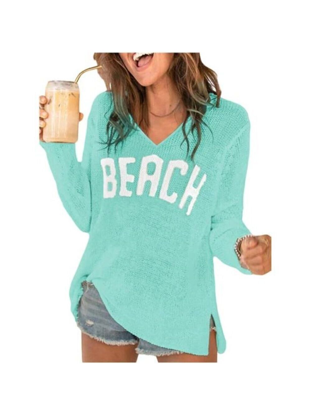 Light Blue Letter V Neck Beach Sweaters Long Sleeve Split Crochet Tops Knit